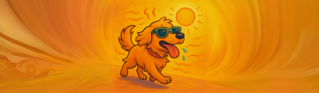 Perro feliz paseando al atardecer en verano